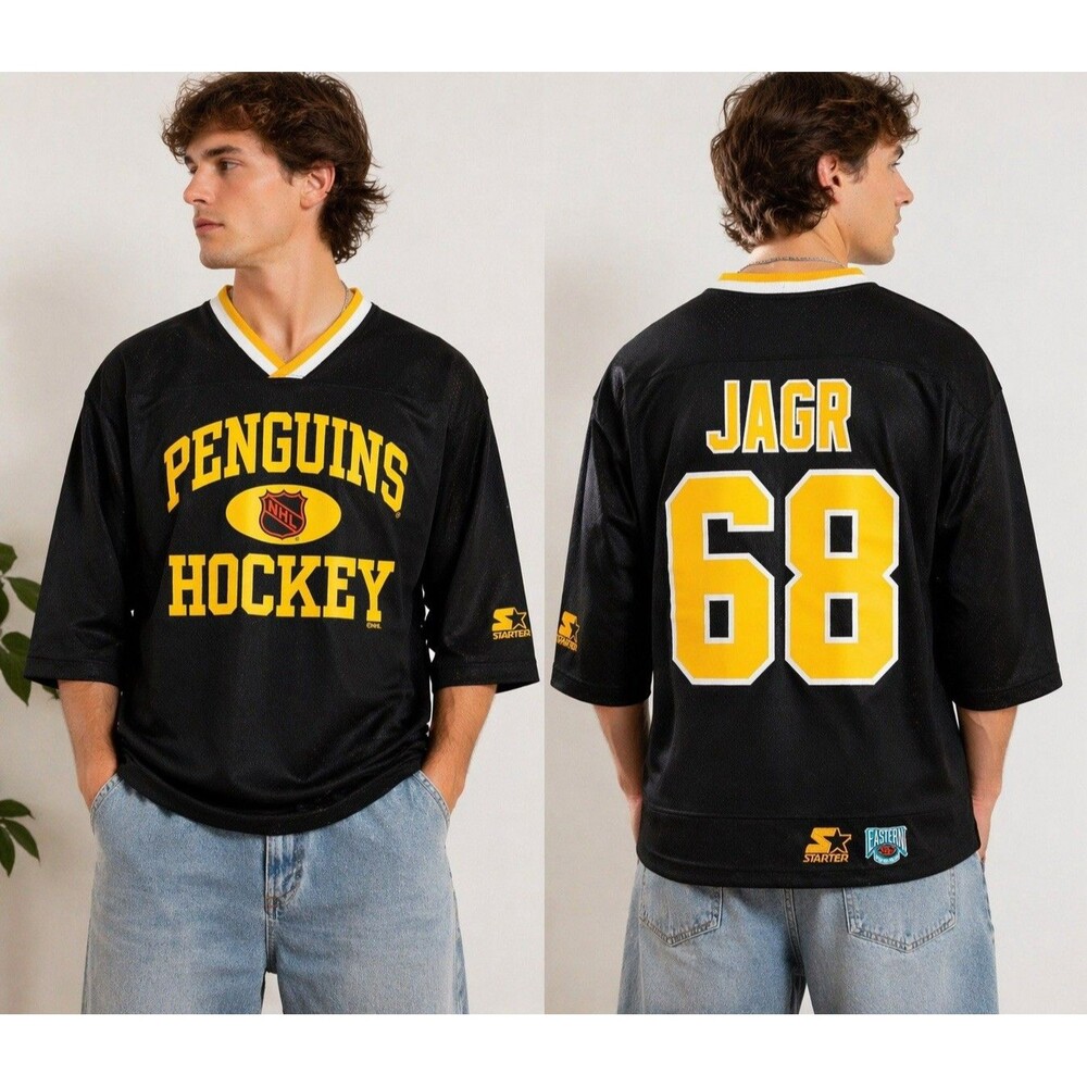Pittsburgh Penguins Jagr 68 Vintage Starter NHL Hockey Jersey Black Yellow L XL